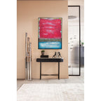 Abstraktes Wandbild Rot-Blau 90x120 cm im modernen Wohnbereich mit schwarzem Konsolentisch