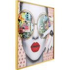 Kare Bild Times Square View 80x80cm – Pop-Art Wandbild Frau mit Sonnenbrille, New York Skyline, Goldrahmen