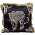 Kare Design Kissen Leopard schwarz mit goldfarbenem Fransenbesatz, dekoratives Samtkissen mit Leoparden-Motiv