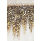 Abstraktes Gemälde "Fields" von KARE mit goldenen Flocken und weißen Akzenten auf beigem Hintergrund, 120x90 cm