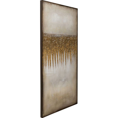 Abstraktes Leinwandbild KARE Fields 200x100cm mit goldenen Akzenten und beige-braunem Hintergrund im Rahmen
