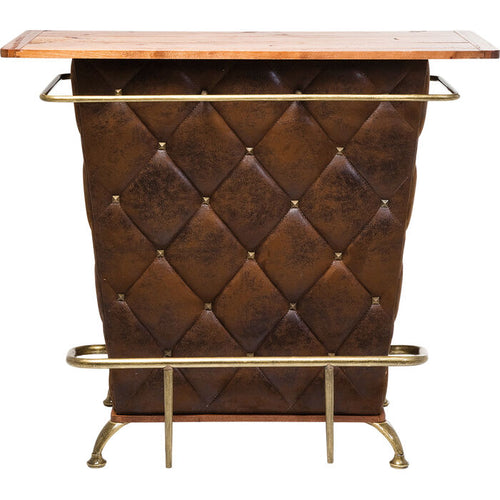 Kare Lady Rock Bar Vintage – Bartheke mit braunem Leder-Chesterfield-Bezug, Messingrahmen und Holzplatte