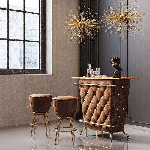 Kare Lady Rock Bar Vintage: Braune Chesterfield-Hausbar mit Golddetails, 2 Barhockern und Sputnik-Pendelleuchten
