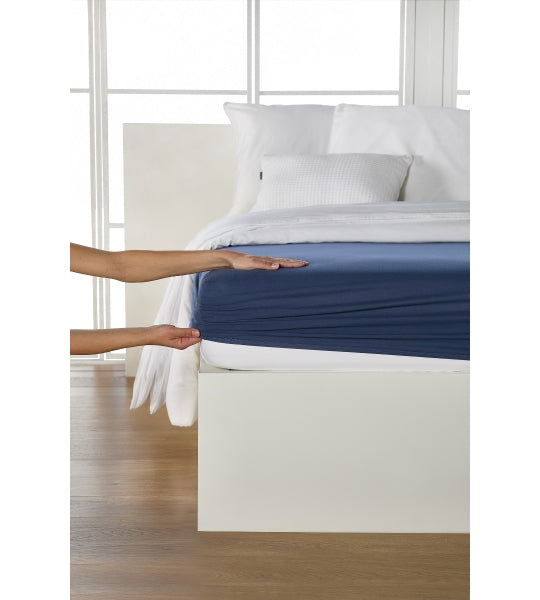 Drap-housse, jersey fin de qualité supérieure/élasthanne 140-160/200 bleu marine