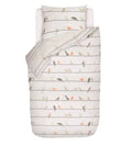 Bettwäsche-Set Birdies in Weiss mit bunten Vögeln auf Ästen, einteiliiges Kissen und Bettdecke