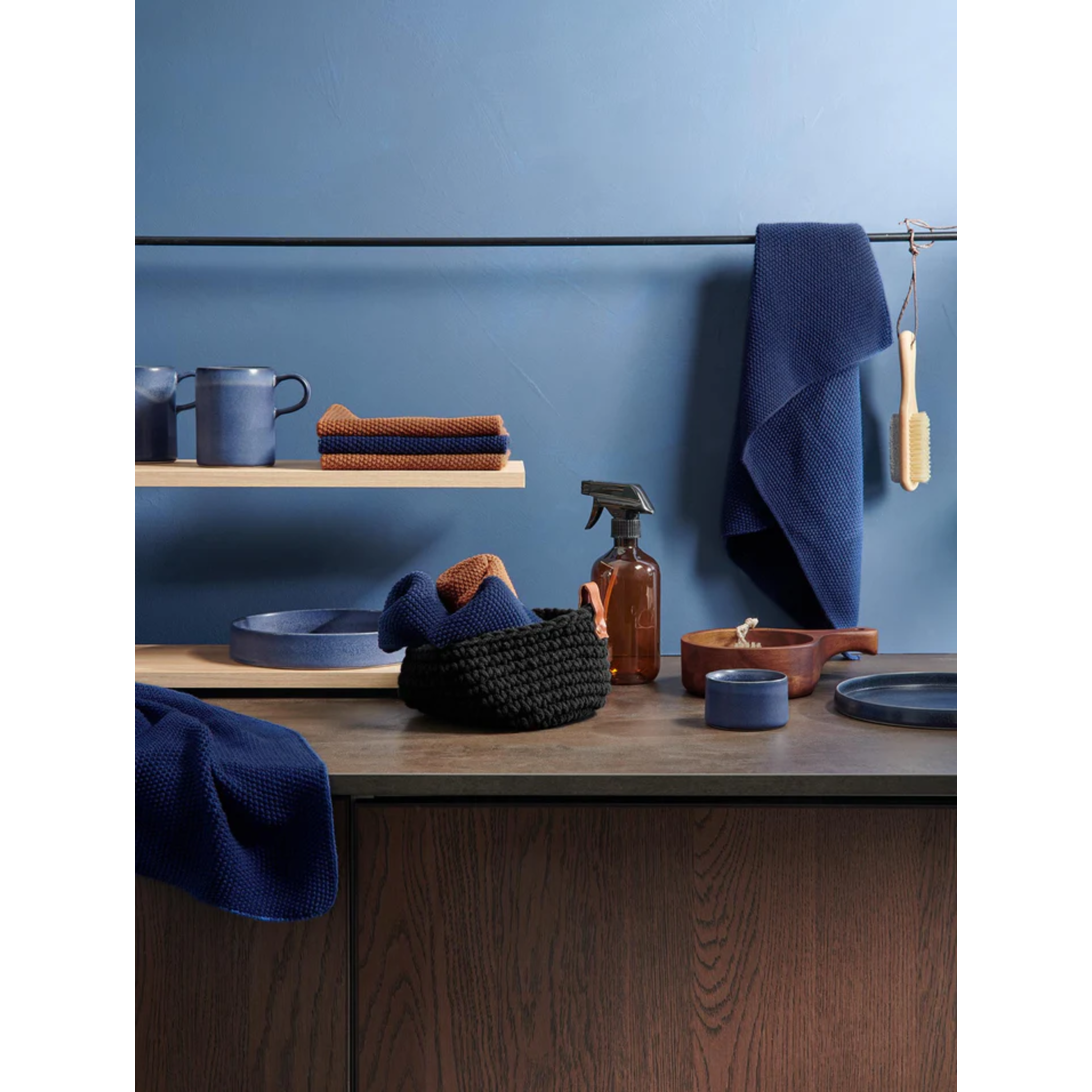 Écharpe en coton, lot de 2, tricotée, bleu foncé, 30x30