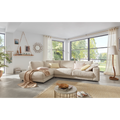 Candy Ecksofa in Cord Snow – helles Wohnzimmer mit modernem L-Sofa, Kissen und natürlichen Dekoelementen