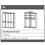 Rauch Versity Drehtürenschrank 4-türig Weiss Eiche Artisan, B181 x H229 x T54 cm, Innenaufteilung 90/90