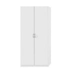 Weißer, zweiflügeliger Schrank mit glatten Türen und silberfarbenen Griffen, schlichtes Design.