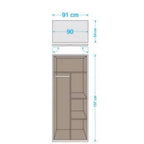 Hoher zweifarbiger Schrank mit zwei Türen, rechte Seite mit drei Regalfächern, linke Seite mit Kleiderstange, Maße 91x197.