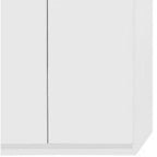 Weißer, zweiflügeliger Schrank mit glatter Front und klaren, geraden Linien, minimalistisch gestaltet.