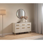 Rauch Skandi Kommode Champagner mit 3 Türen und 3 Schubladen, goldene Griffe, Holzbeine, skandinavisches Design