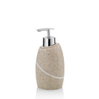 Seifenspender Taulus aus Polyresin in Beige mit Sandstein-Optik und Chromkopf
