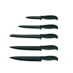 5-teiliges schwarzes Messer-Set mit verschiedenen Klingenformen, darunter Brotmesser, Fleischmesser und Schälmesser