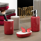Kela WC-Garnitur Ava aus Keramik in Rot und Grau mit Seifenspender, Becher und Seifenschale