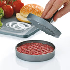 Kela Hamburgerpresse Buffalo aus Aluguss mit Rinderhack, Hamburgerbrötchen, Tomaten und Zwiebelringen
