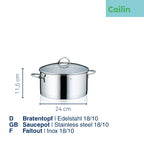 Kela Cailin Bratentopf Edelstahl 18/10, 24 cm Durchmesser, 11,5 cm hoch, mit Glasdeckel und Griffen