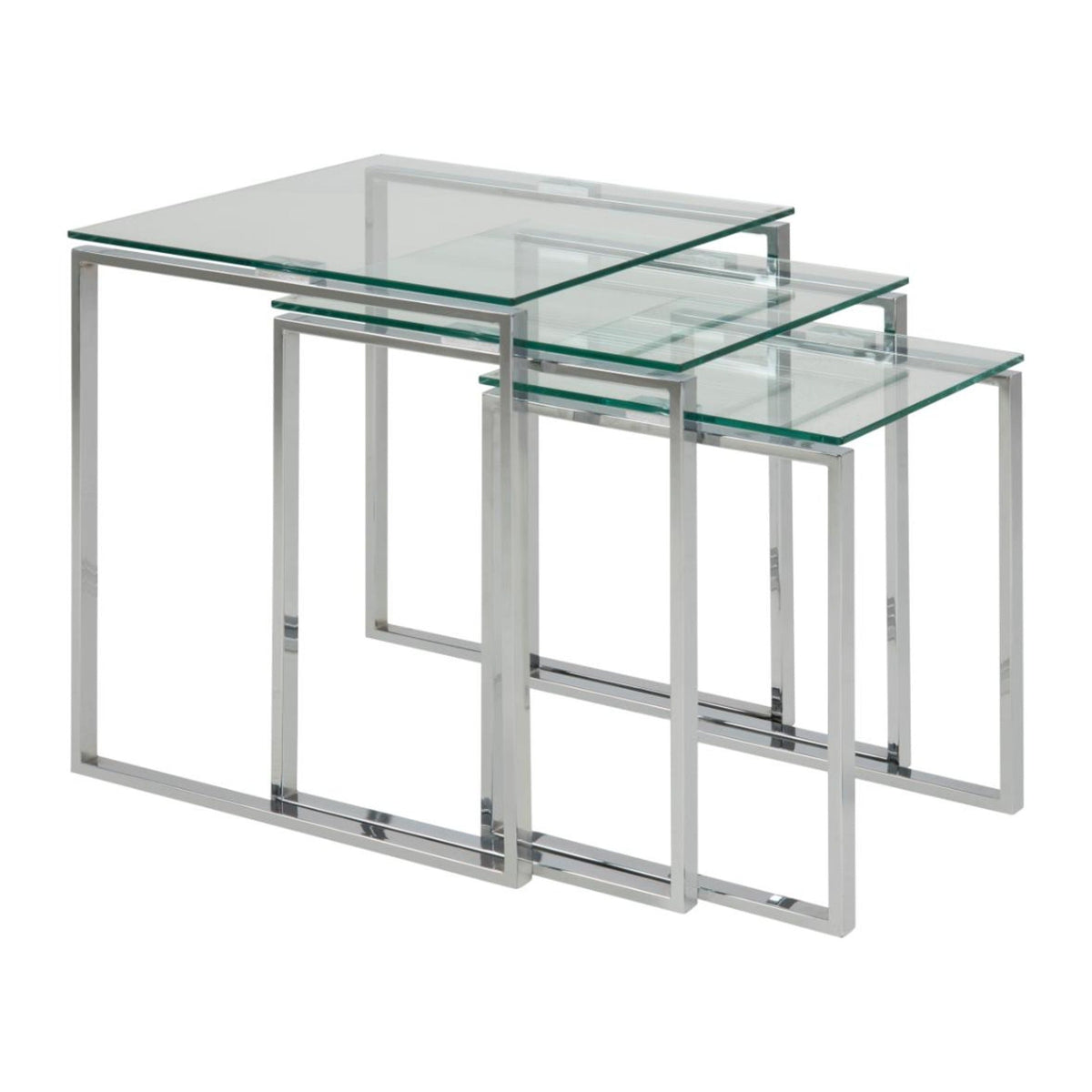 Katrine Satz mit Tischen quadratisch – Tischplatte klar gehärtetet Glas, Kufe Gestell Chrom Stahl mit Satz aus 3 Stück
