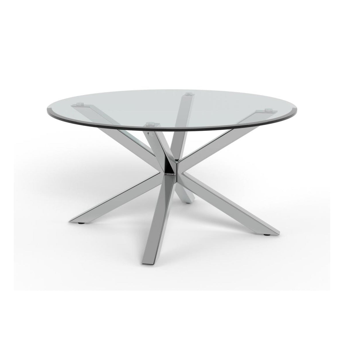 Heaven Couchtisch rund – Tischplatte klar gehärtetet Glas, 4 Stern Gestell Chrom Stahl