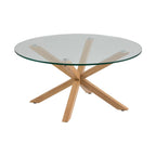 Heaven Couchtisch rund – Tischplatte klar gehärtetet Glas, 4 Stern Gestell Eiche Folie Stahl