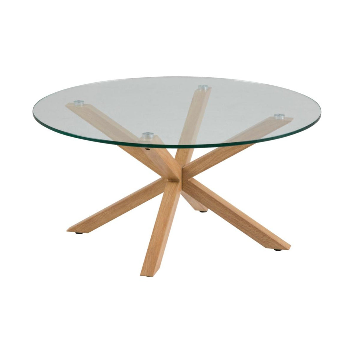 Heaven Couchtisch rund – Tischplatte klar gehärtetet Glas, 4 Stern Gestell Eiche Folie Stahl