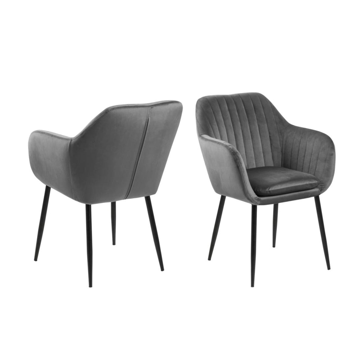 Emilia Esszimmerstuhl mit Armlehne – Vic Stoff dunkelgrau 28, Gestell matt schwarz pulverbeschichtet Stahl mit Längsnähte