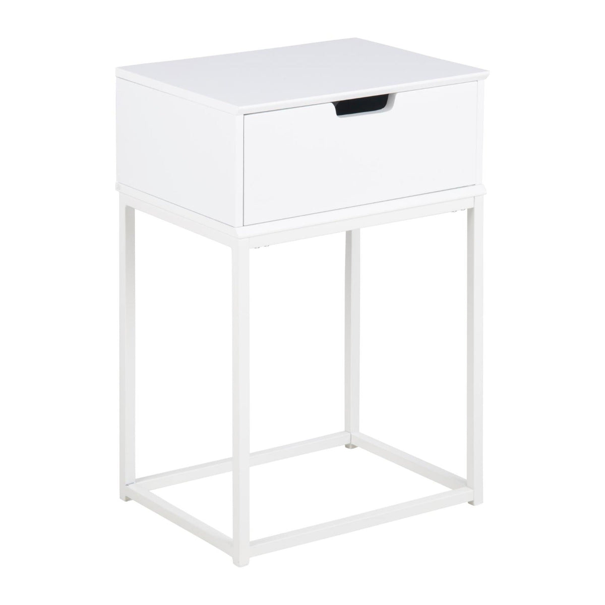 Mitra Nachttisch rechteckig – Korpus und Schublade weiss UV lackiert MDF, Gestell weiss pulverbeschichtet Stahl