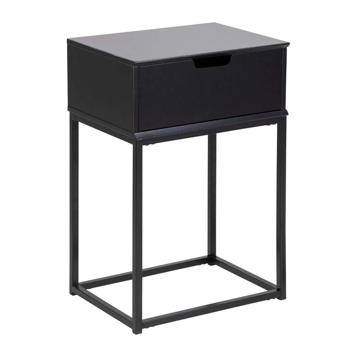 Mitra Nachttisch rechteckig – Korpus und Schublade schwarz UV lackiert MDF, Gestell schwarz pulverbeschichtet Stahl