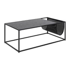 Seaford Couchtisch rechteckig – Tischplatte Esche schwarz rau Melamin, Gestell matt schwarz rau pulverbeschichtet Stahl mit Magazin Halter und Metall Mesh