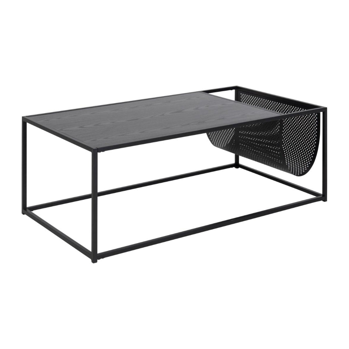 Seaford Couchtisch rechteckig – Tischplatte Esche schwarz rau Melamin, Gestell matt schwarz rau pulverbeschichtet Stahl mit Magazin Halter und Metall Mesh