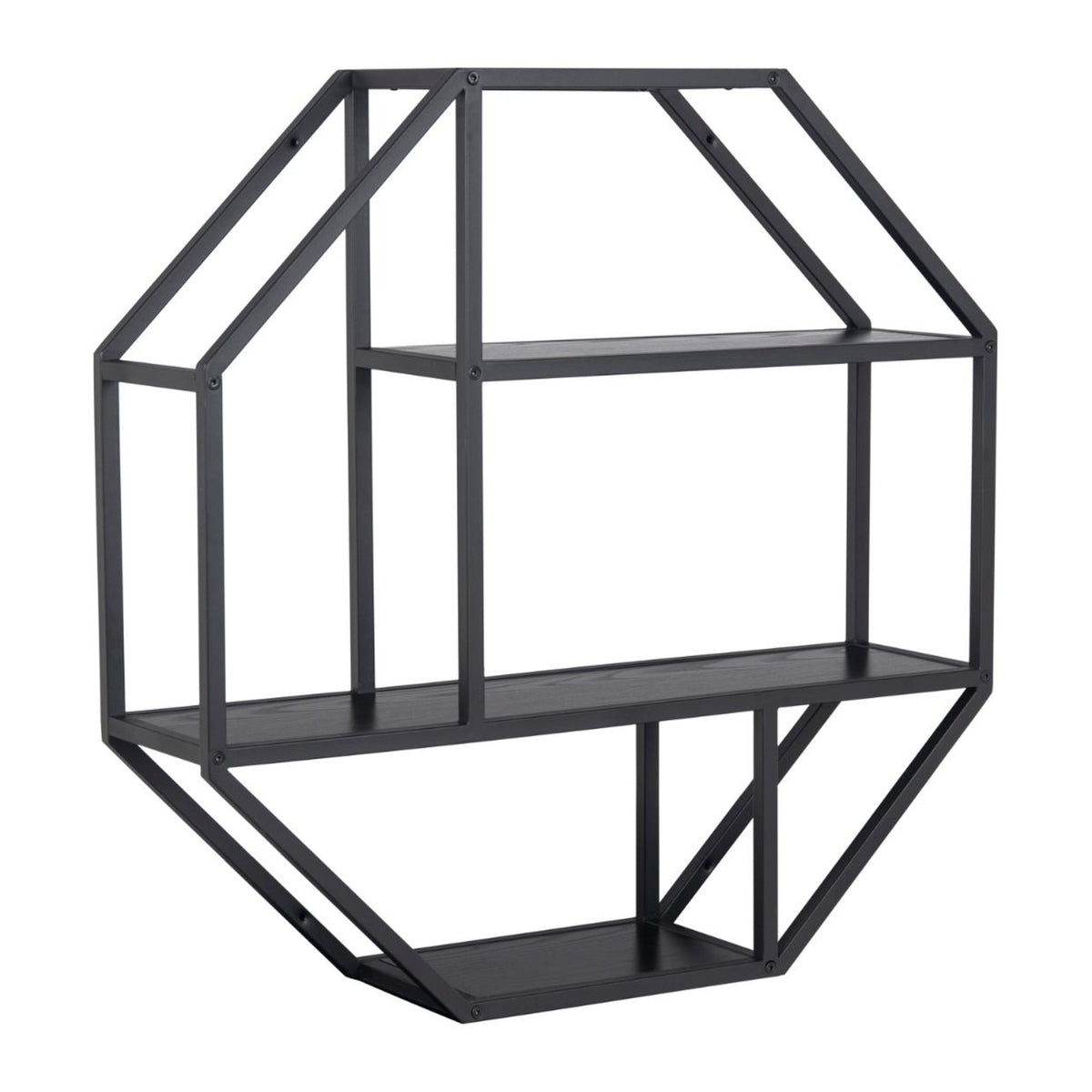 Seaford Wandregal achteckig – 4 Böden Esche schwarz rau Melamin mit asymmetrischem Detail