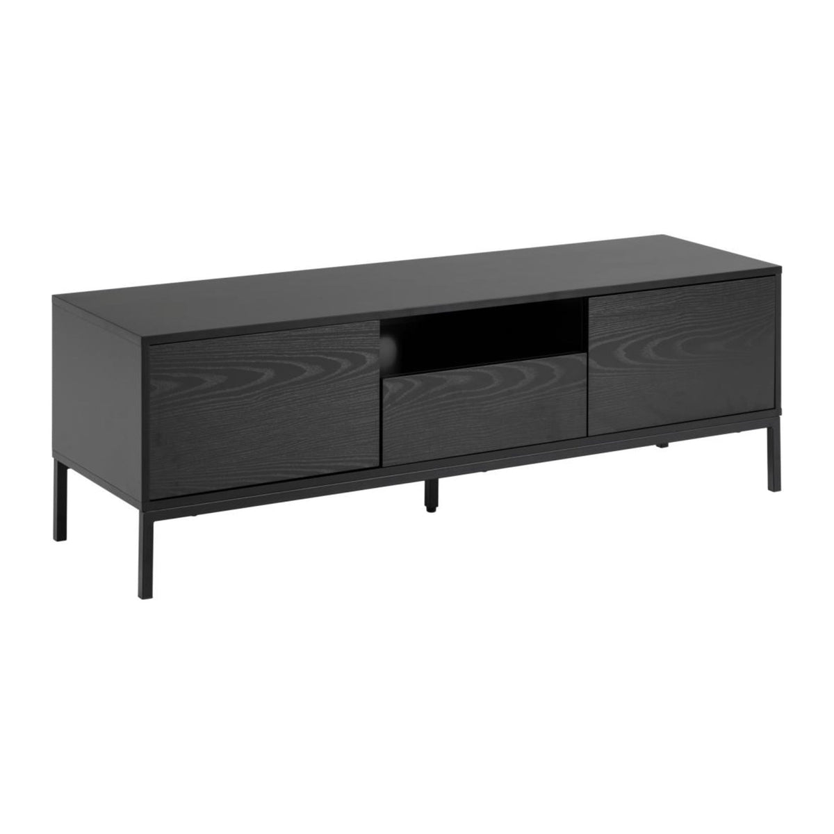 Seaford TV-Tisch – Tischplatte und Korpus schwarz PU lackiert MDF, 2 Türen und Schublade Esche schwarz rau Melamin, Gestell matt schwarz rau pulverbeschichtet Stahl mit Kabeldurchlass, Metallschienen, Vollauszug, Soft Close und push to open funktion, 1 offener Raum