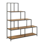 Seaford Regal – Korpus und Gestell matt schwarz rau pulverbeschichtet Stahl, 4 Böden matt Wildeiche rau Papier mit Treppenform und asymmetrischem Detail