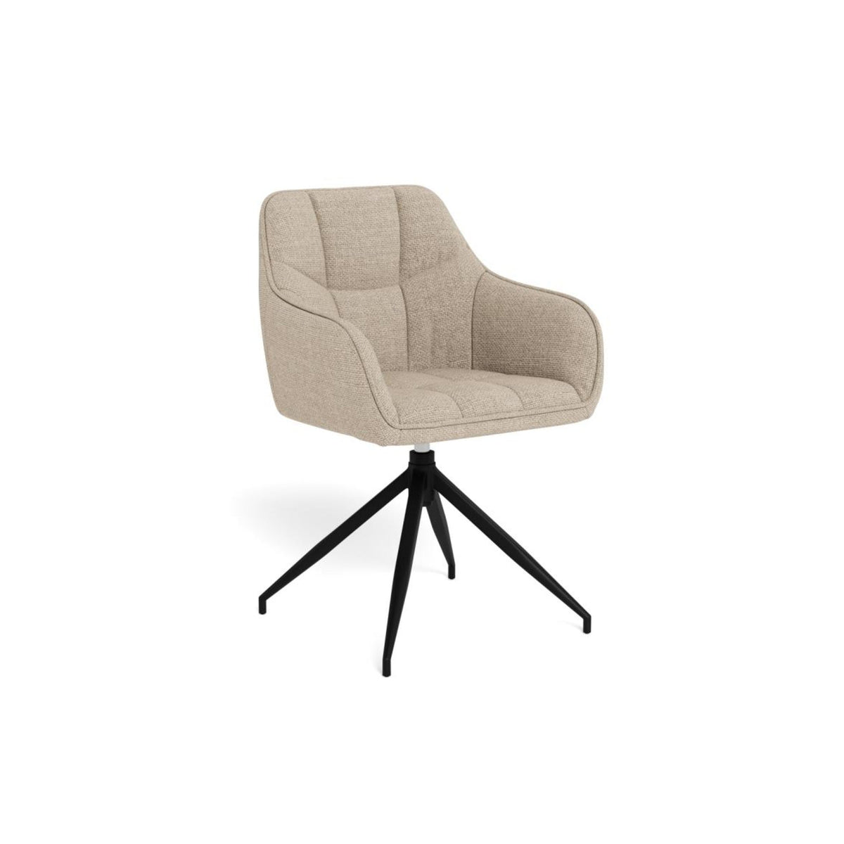 Brenda Esszimmerstuhl mit Armlehne – Basel Stoff beige 24, 4 Stern Gestell matt schwarz rau pulverbeschichtet Stahl mit Drehfunktion und Keder & quadratische Nähte