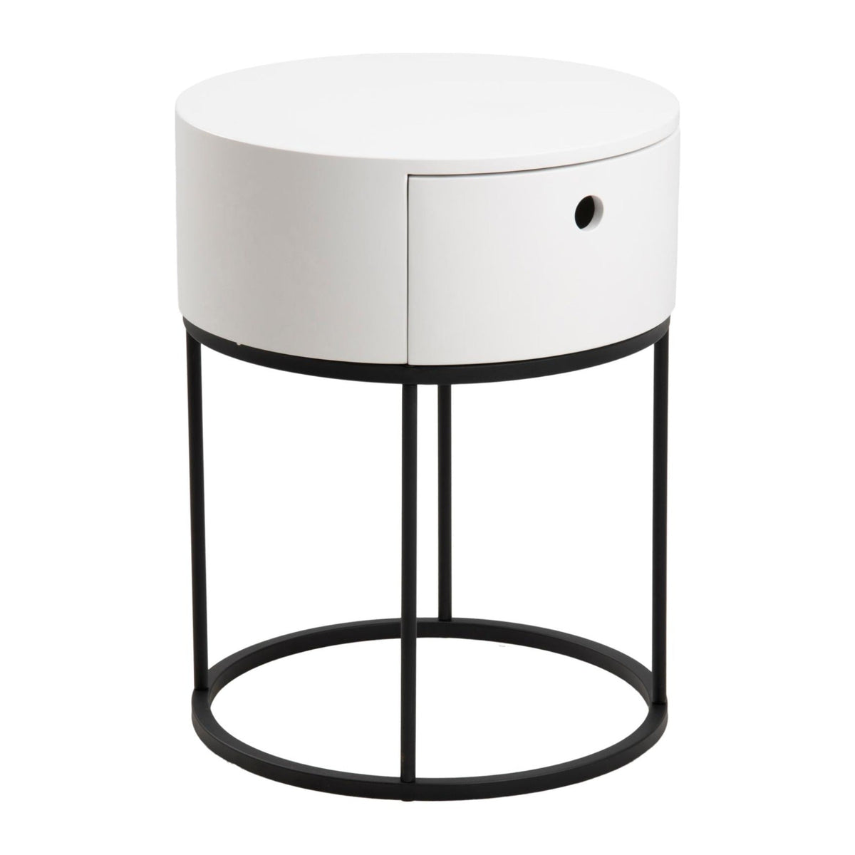 Polo Nachttisch rund – Korpus und Schublade weiss PU lackiert MDF