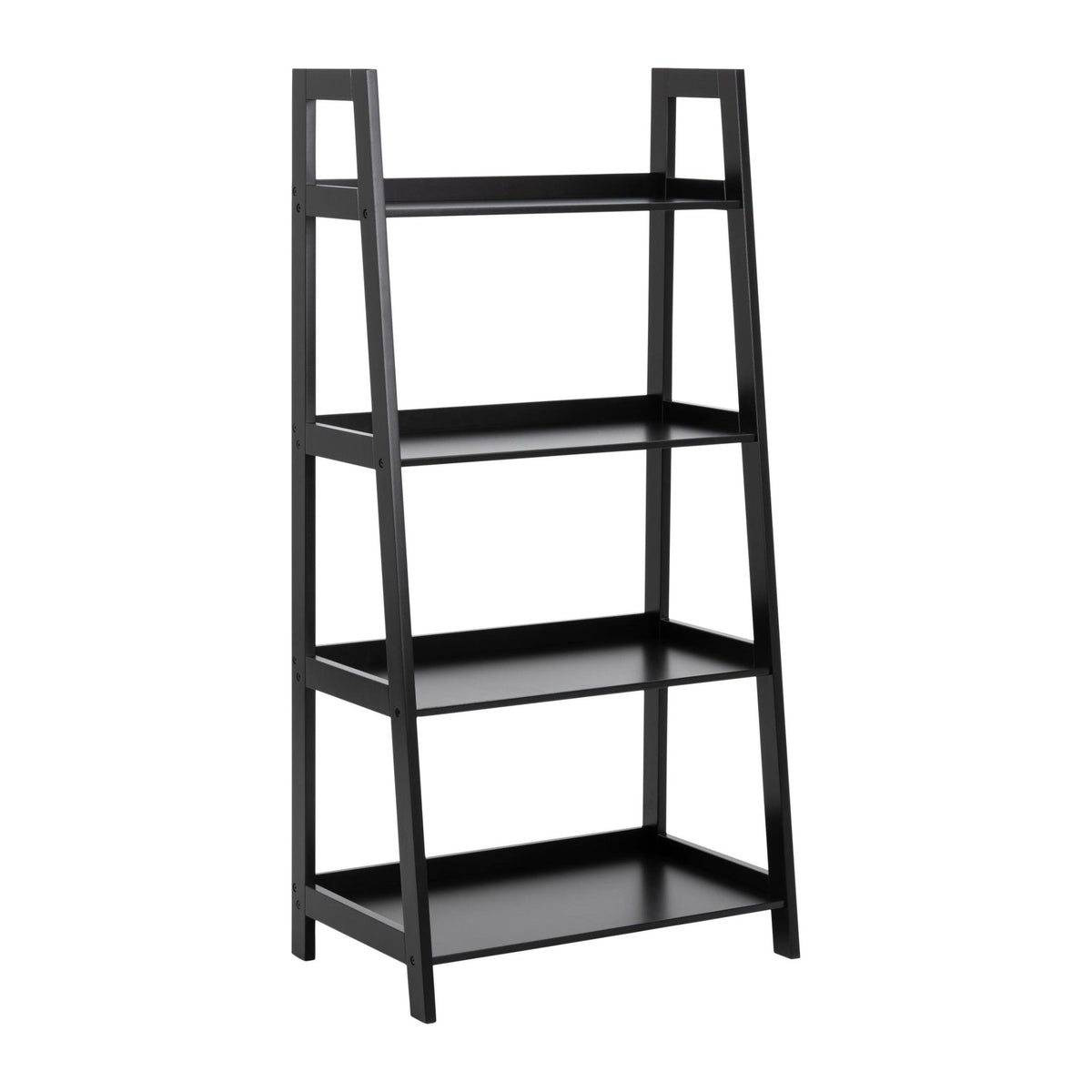 Wally Regal – Korpus und Gestell schwarz NC lackiert MDF, 4 Böden schwarz UV lackiert MDF mit Treppenform
