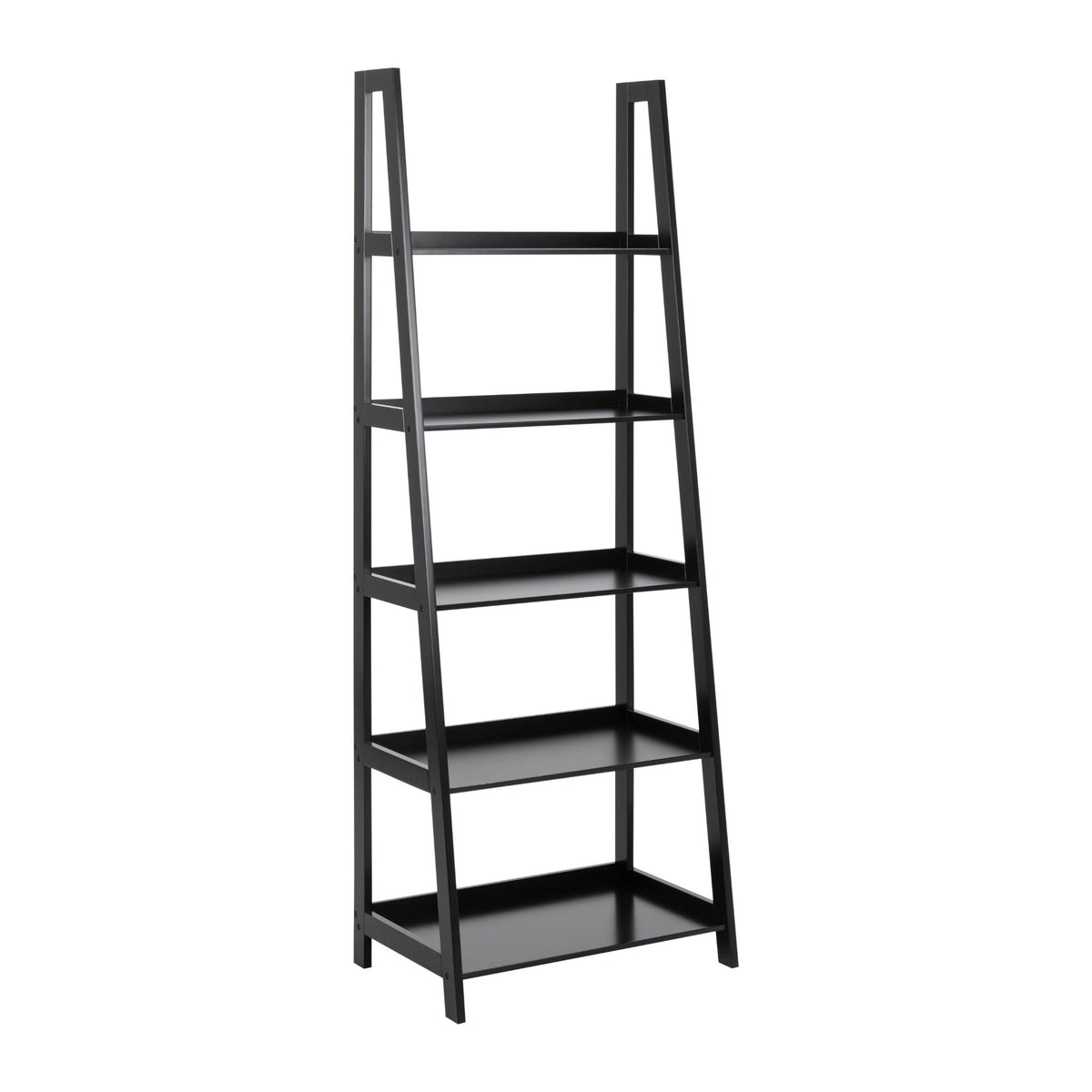 Wally Regal – Korpus und Gestell schwarz NC lackiert MDF, 5 Böden schwarz UV lackiert MDF mit Treppenform