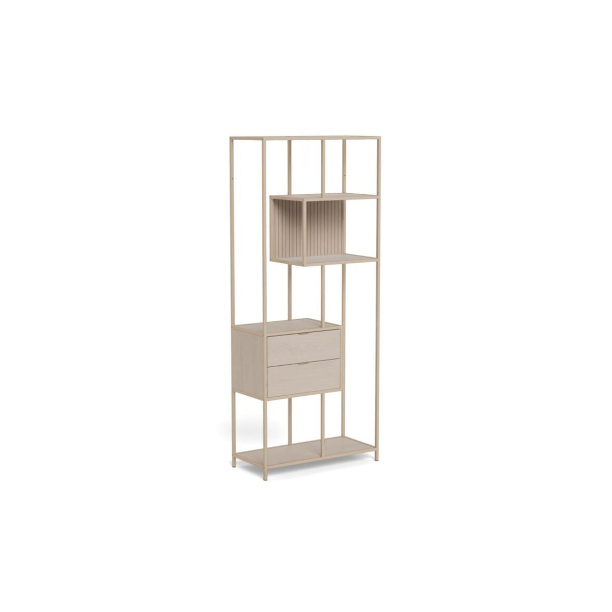 Seaford Regal – Korpus und Gestell grau rau pulverbeschichtet Stahl, 2 Schubladen und 4 Böden grau rau Melamin mit asymmetrischem Detail und wendbare Rückwand