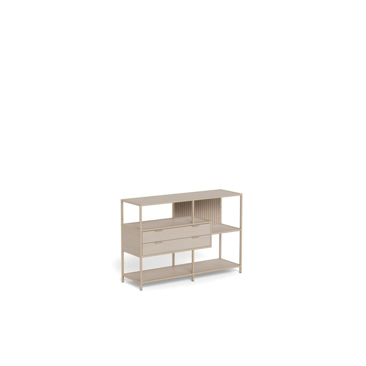 Seaford Regal – Korpus und Gestell grau rau pulverbeschichtet Stahl, 2 Schubladen und 3 Böden grau rau Melamin mit asymmetrischem Detail und wendbare Rückwand