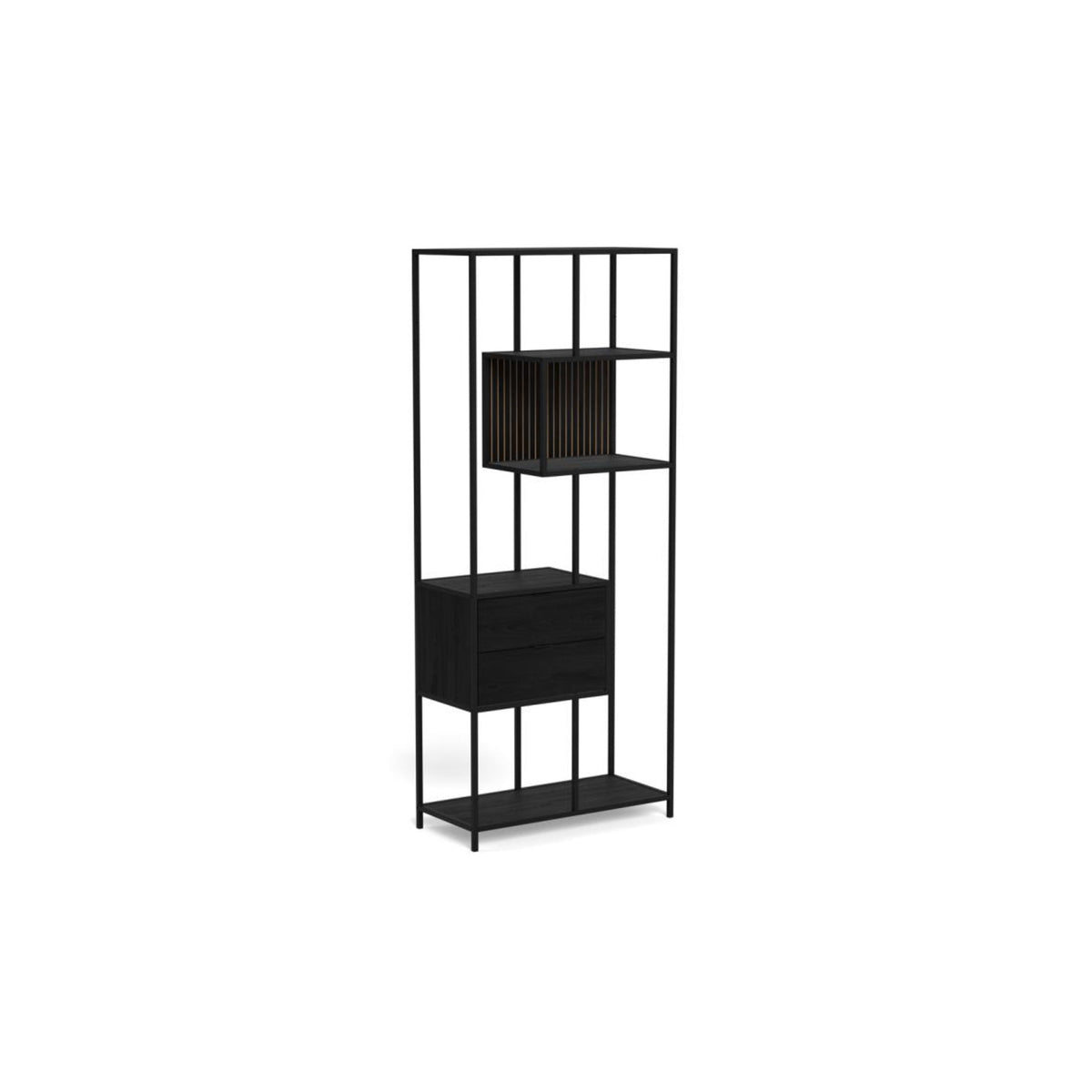 Seaford Regal – Korpus und Gestell matt schwarz rau pulverbeschichtet Stahl, 2 Schubladen und 4 Böden Esche schwarz rau Melamin mit asymmetrischem Detail und wendbare Rückwand