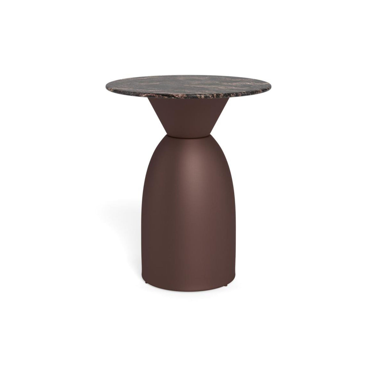 Ferrol Couchtisch rund – Tischplatte braun Cocoa poliert Marmor, Säule Gestell matt bronze rau pulverbeschichtet Stahl