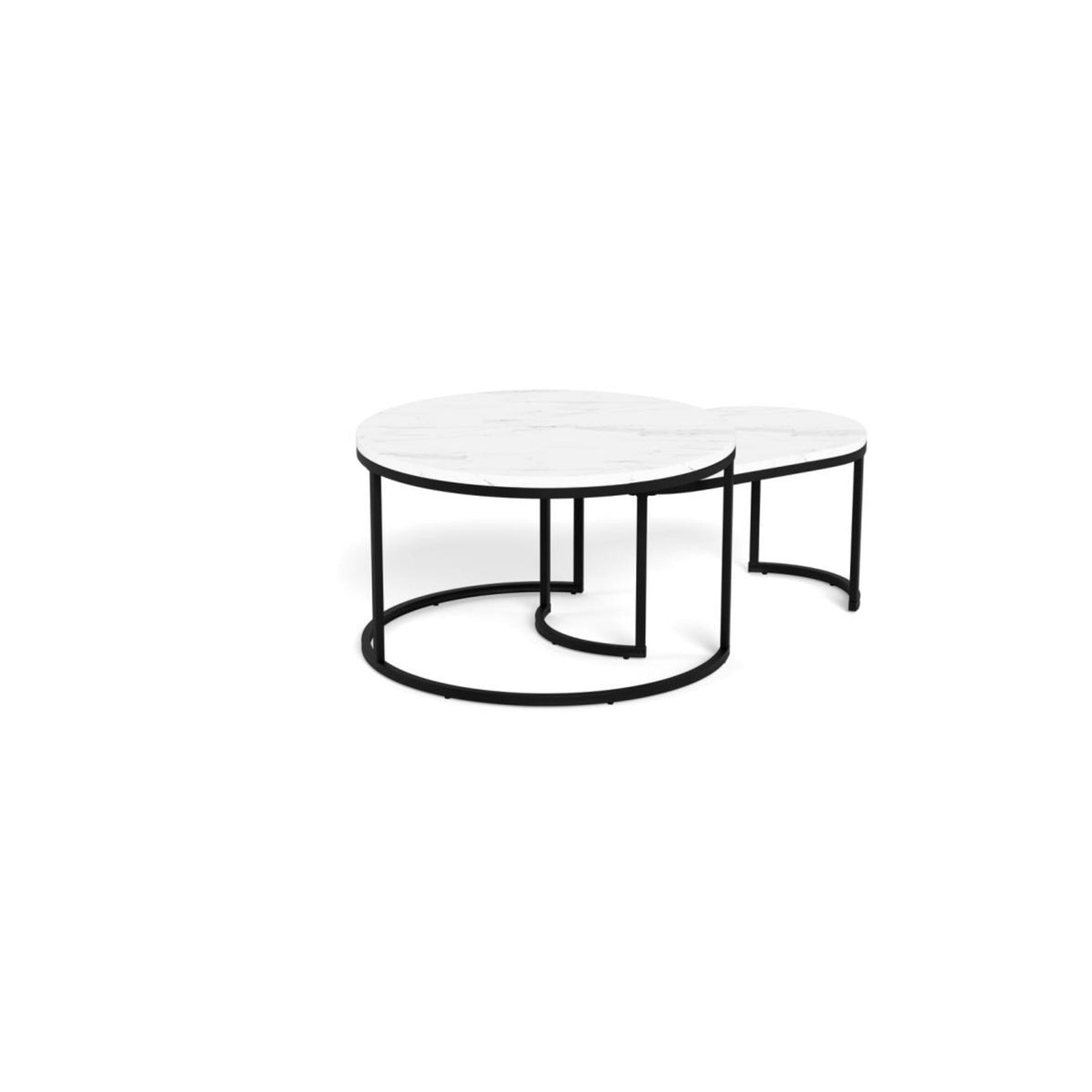 Spiro Couchtischsatz rund und oval – Tischplatte weisser Marmor Granada rau Melamin
