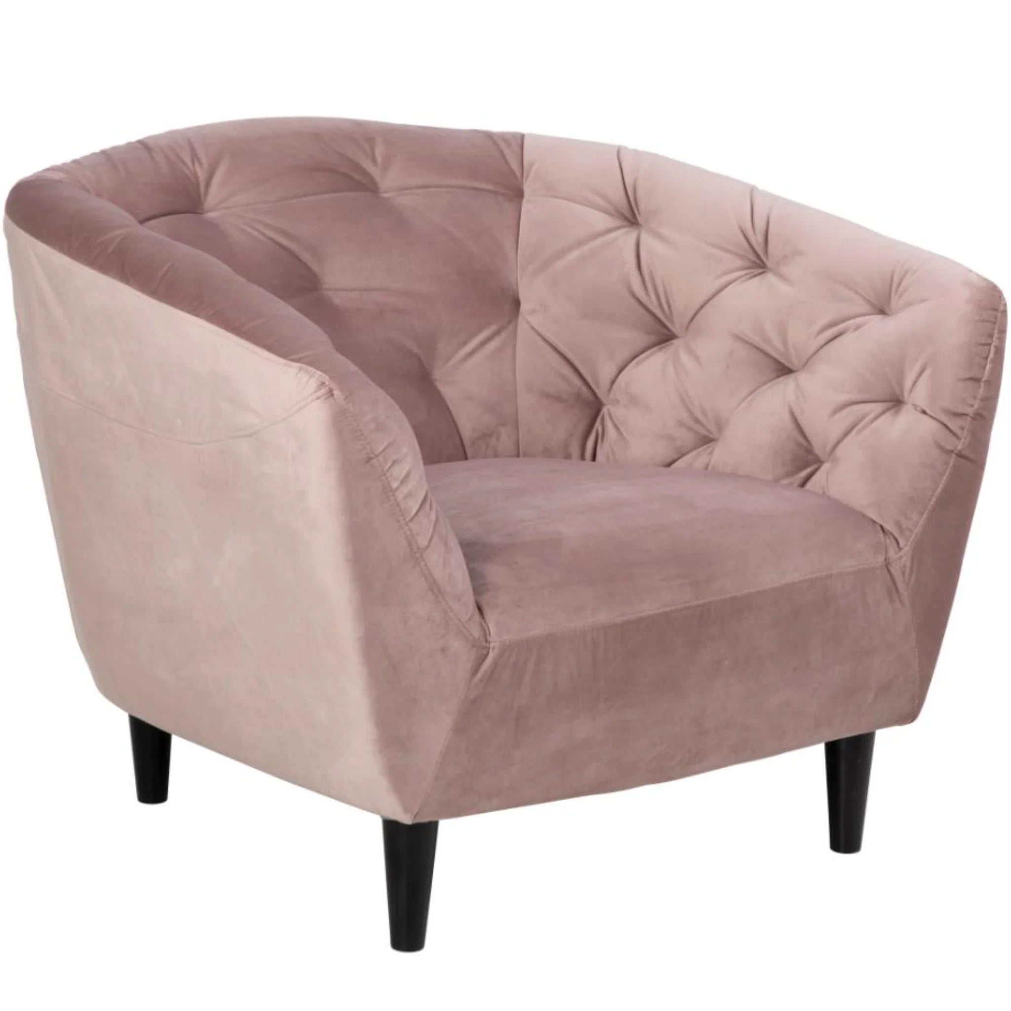 Moderner Sessel Ria aus Samt in zartem Rosa mit gestepptem Rücken und schwarzen Beinen.