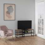 Actona Seaford TV-Tisch in Holzoptik mit schwarzem Metallgestell, dekoriert mit Büchern und Pflanze im modernen Wohnzimmer