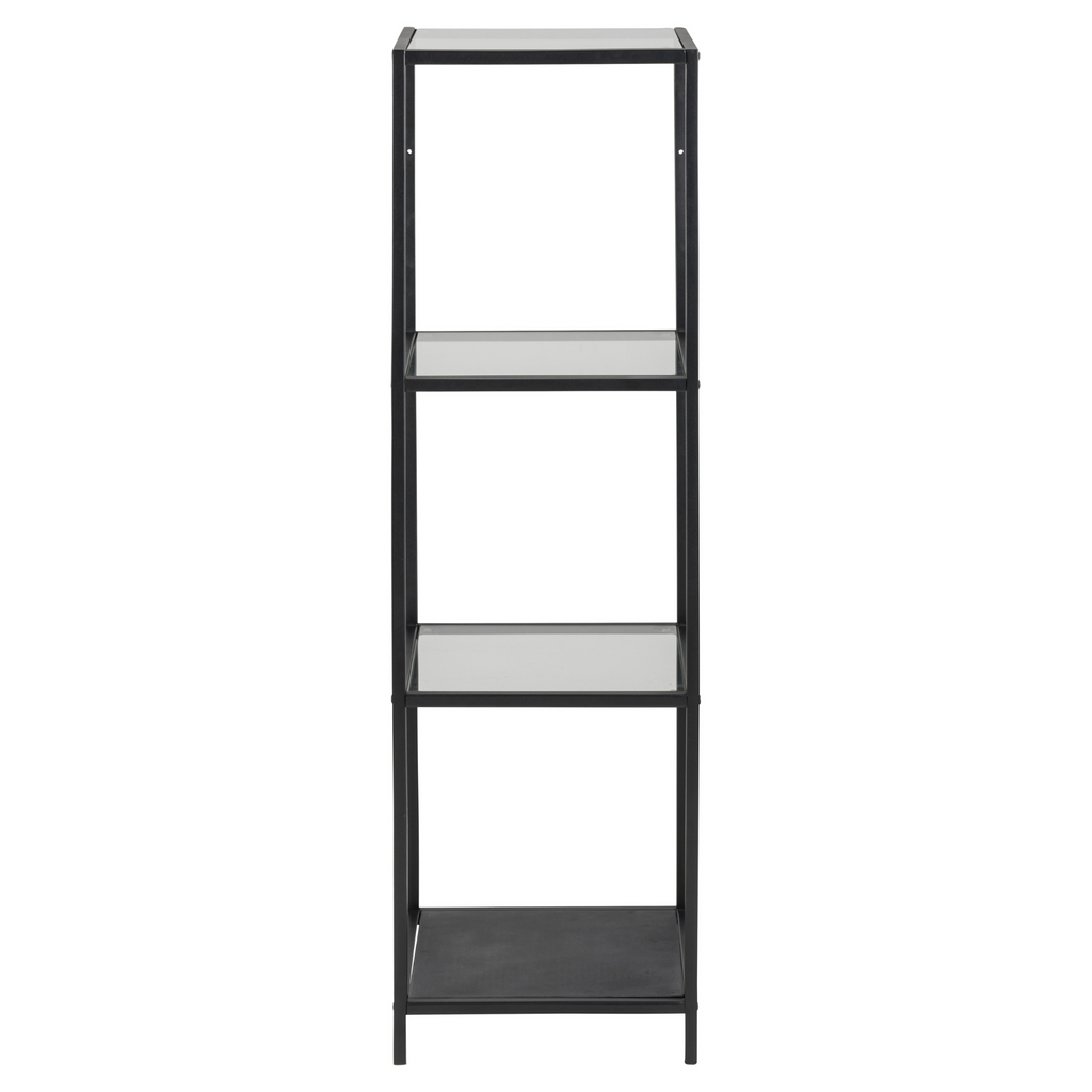 Étagère en verre avec cadre en métal noir, style industriel