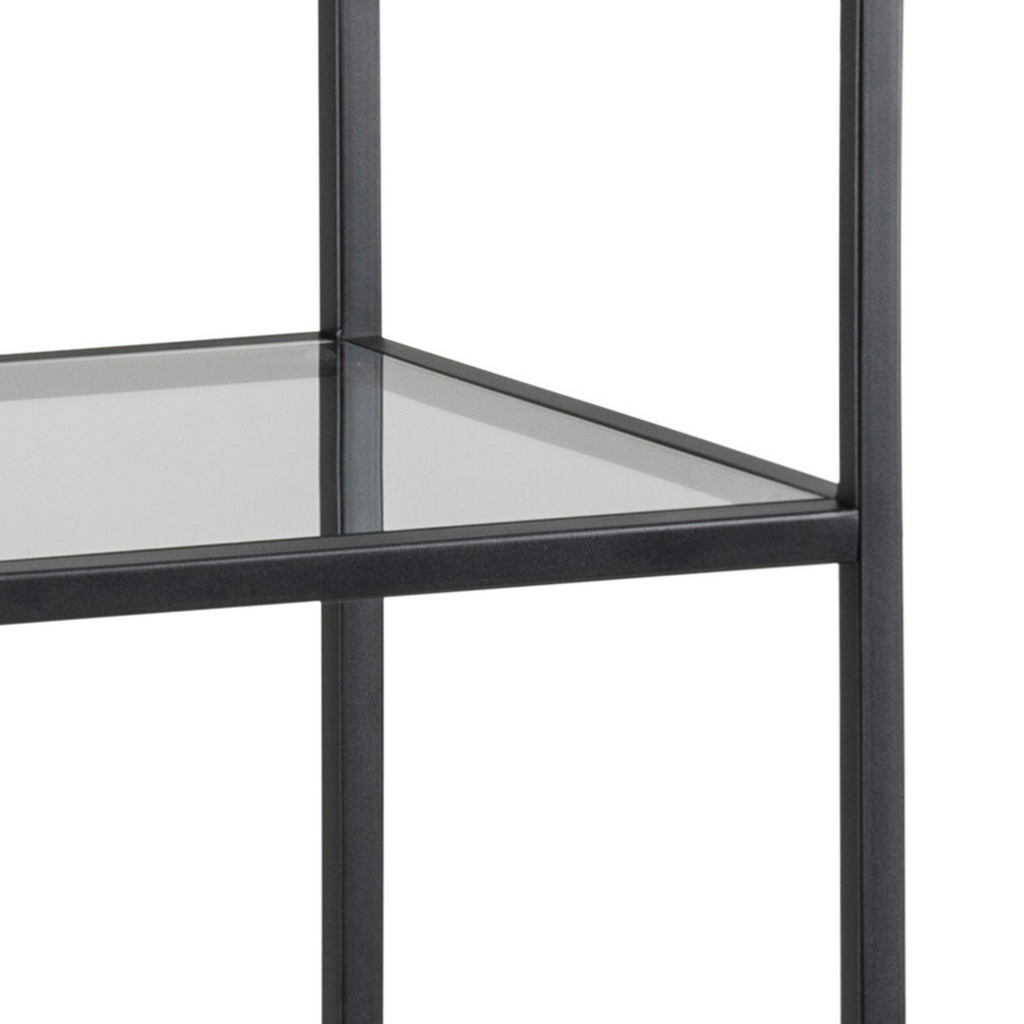 Étagère en verre avec cadre en métal noir, style industriel