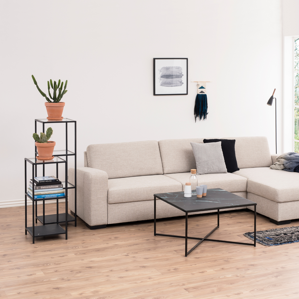 Étagère en verre avec cadre en métal noir, style industriel