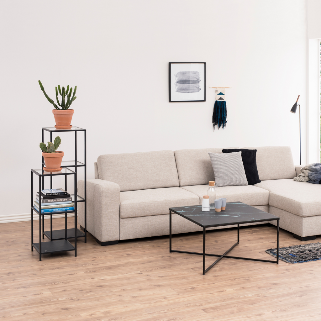 Étagère en verre avec cadre en métal noir