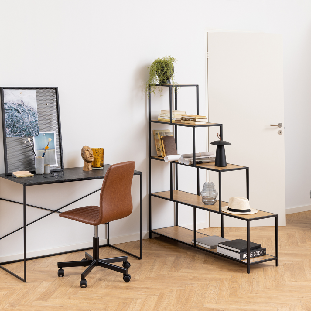 Étagère de séparation de pièce en chêne sauvage avec cadre en métal noir