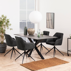 Moderner Esstisch mit 4 Actona Brenda Stühlen in Anthrazit, schwarze Metallbeine, Hängeleuchte, helles Wohnzimmer